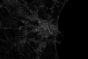 Stylized map of the streets of Valencia (Spain) made with white lines on black background. Top view. 3d render, illustration