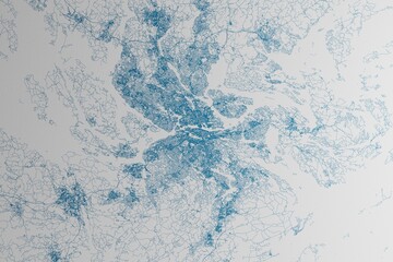 Map of the streets of Stockholm (Sweden) made with blue lines on white paper. 3d render, illustration