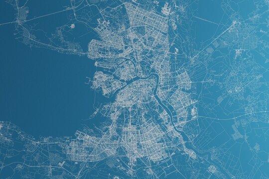 Map of the streets of St Petersburg (Russia) made with white lines on blue paper. Rough background. 3d render, illustration