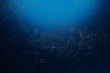 Street map of Montgomery (Alabama, USA) engraved on blue metal background. View with light coming from top. 3d render, illustration