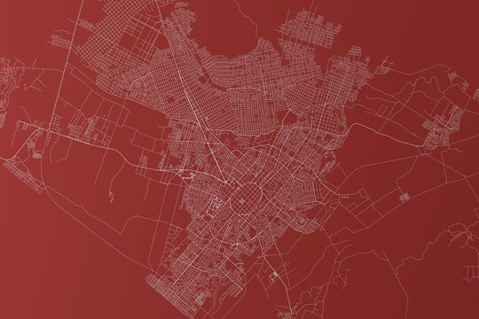 Map of the streets of Trujillo (Peru) made with white lines on red background. Top view. 3d render, illustration
