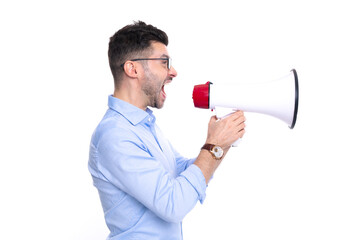 profile of man announcer with megaphone in studio. shouting man announcer with megaphone.