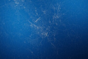 Stylized map of the streets of Albany (New York, USA) made with white lines on abstract blue background lit by two lights. Top view. 3d render, illustration