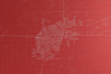 Map of the streets of Amarillo (Texas, USA) made with white lines on red paper. Top view, rough background. 3d render, illustration