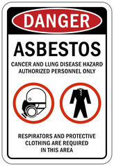 Asbestos chemical hazard sign and labels cancer and lung disease hazard. Authorized personnel only. Respirator and protective clothing are required in this area