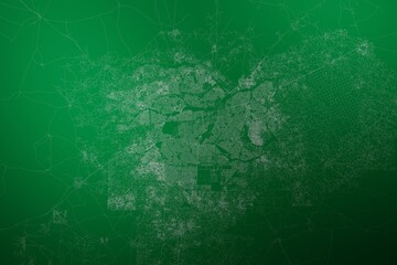 Map of the streets of Ouagadougou (Burkina Faso) made with white lines on abstract green background lit by two lights. Top view. 3d render, illustration