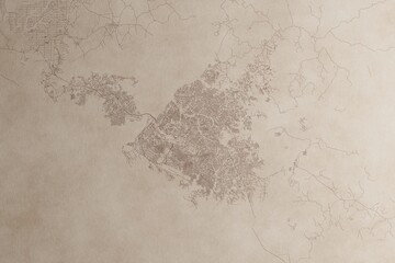 Map of Douala (Cameroon) on an old vintage sheet of paper. Retro style grunge paper with light coming from right. 3d render