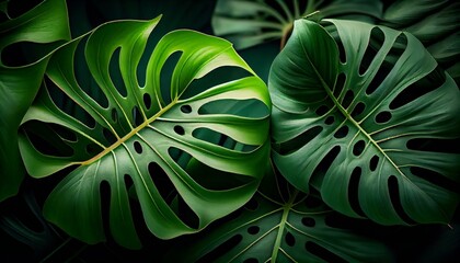 Creative background with green monstera leaves. Exotic leaves pattern, ai generative illustration. 