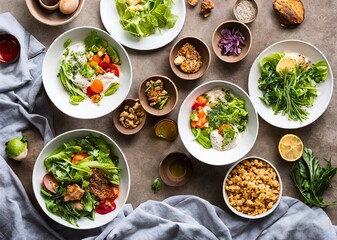 healthy salad with chicken, arugula and avocado. top view.