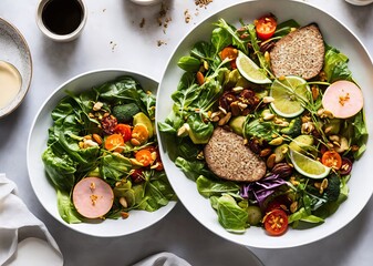 healthy salad with chicken, arugula and avocado. top view.