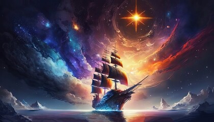 Naklejka premium sci-fi pirate ship sailing to the horizon, Generative Ai