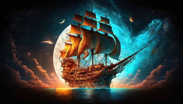sci-fi pirate ship sailing to the horizon, Generative Ai