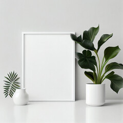 Empty horizontal frame mockup in modern minimalist interior with plant in trendy vase on white wall background. Template for artwork, painting, photo or poster, Generative IA