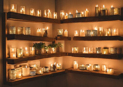 christmas composition with candles and burning candle on wooden background