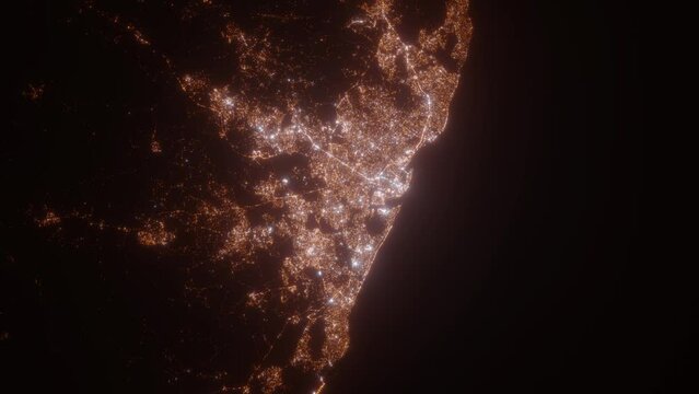 Recife (Brazil) aerial view at night. Top view on city from space. Camera is zooming in, rotating clockwise