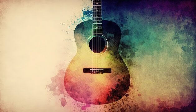 abstract background illustration ,music industry theme, a guitar with grunge noise and grain texture background, Generative Ai