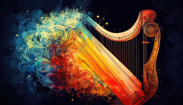 abstract background illustration ,music industry theme, a harp with grunge noise and grain texture background, Generative Ai	
