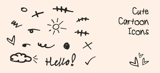 Cute Doodle Icons. Pencil, pen, brush or marker kid handdrawn scar, dot, heart, hello, sun, weather, сross, check mark and abstract wavy elements. Coffee, beige colors. (Full Vector)