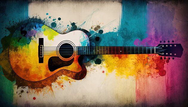 abstract background illustration ,music industry theme, a guitar with grunge noise and grain texture background, Generative Ai	
