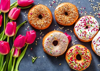 delicious donuts with pink tulips on a white background