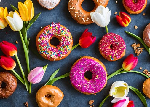 delicious donuts with pink tulips on a white background