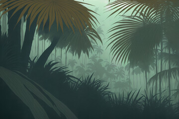 Wild jungle. Decorative exotic background with palm leaves and trees. Generative AI