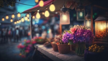 Fototapeta na wymiar festive atmosphere restaurant or night market place with string lights and flower bouquet on table, Generative Ai