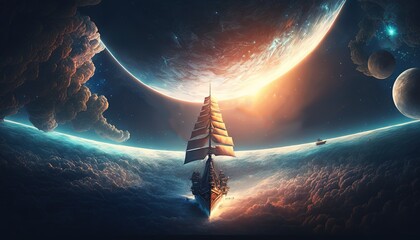 sci-fi fantasy big pirate ship sailing above cloud, space pirate adventure, Generative Ai