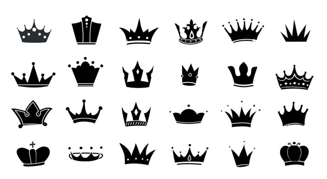Crown black icons set. Collection of graphic elements for website. Luxury, power and wealth. Ancient and royal diadem and Middle age. Cartoon flat vector illustrations isolated on white background