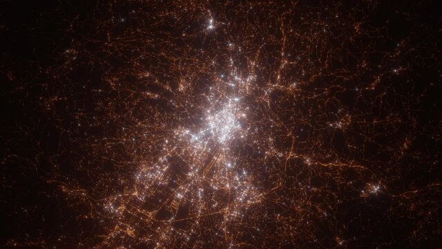 Florence (Italy) top view at night. Aerial view on modern city with lights. Camera is flying above the city, moving backward. Vertical video. The north is on the left side