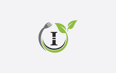 Green leaf nature with spoon and healthy logo design vector spoon fork and leaf