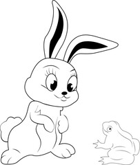 Rabbit and frog. Frog and hare. Silhouette. Cute animals. Green toad. Gray hare.
