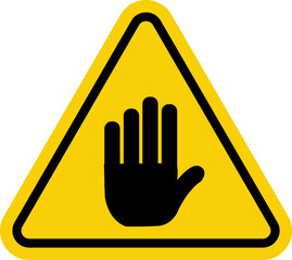 Yellow triangle and black palm. Forbidden access. Forbidden sign. Do not touch. Will stop. No entry sign.