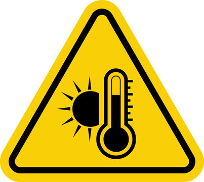 High temperature sign. Warning yellow triangle with the image of the sun and a thermometer inside. Very hot and burning.