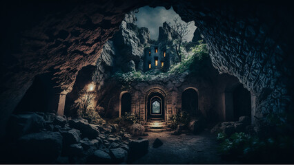 dark castle in cavern