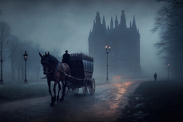 A horse drawn carriage with a castle in the background. Mysterious foggy scene. 