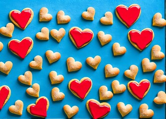 Obraz premium heart shaped cookies on a blue background. top view.