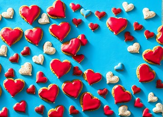 heart shaped cookies on a blue background. top view.