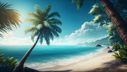 Naklejka na ściany i meble Island, palm trees, ocean coast. Summer, beach. Generated illustration