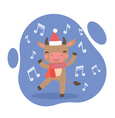 Cute cow with notes. Adorable character in santa claus hat and red scarf dances to music. Christmas and New Year festival and holiday, party. Cartoon flat vector illustration