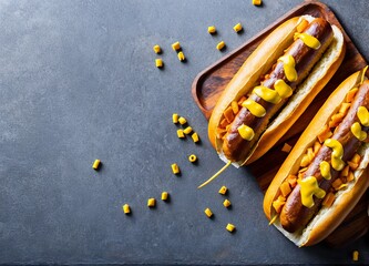 hot dog with mustard, ketchup and onion. top view.