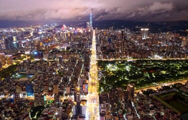 Night skyline of Taipei City, the vibrant capital of Taiwan, with 101 Tower standing out amid...