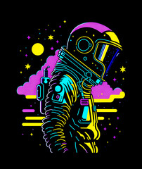 Naklejka na ściany i meble astronaut in spacesuit on alien planet in space night background new quality universal joyful colorful stock image universe illustration wallpaper design, Generative AI