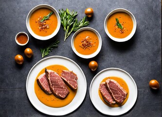 grilled beef steak with vegetables and spices on a plate