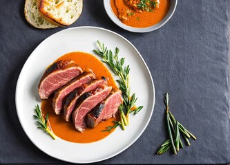 grilled beef steak with vegetables and spices on a plate