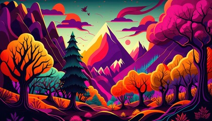 abstract landscape with birds trees mountains ... colorful generative AI