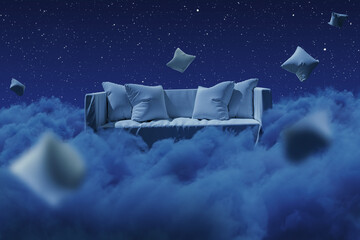 3D rendering of cozy sofa with flying pillows over fluffy clouds at night - obrazy, fototapety, plakaty