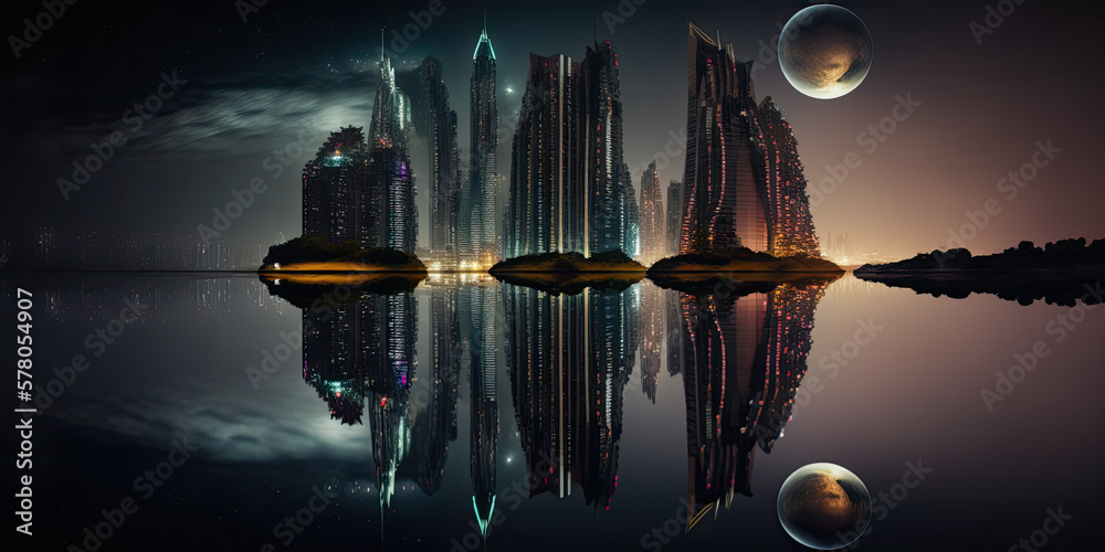 Sticker futuristic city with reflection. generative ai image.