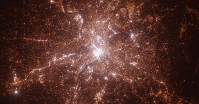 Pittsburgh (Pennsylvania, USA) top view at night. View on modern city from satellite. Camera is zooming in, rotating counterclockwise. Vertical video. The north is on the left side