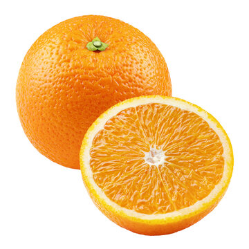 Whole ripe orange citrus fruit with half isolated on transparent background. Full depth of field.